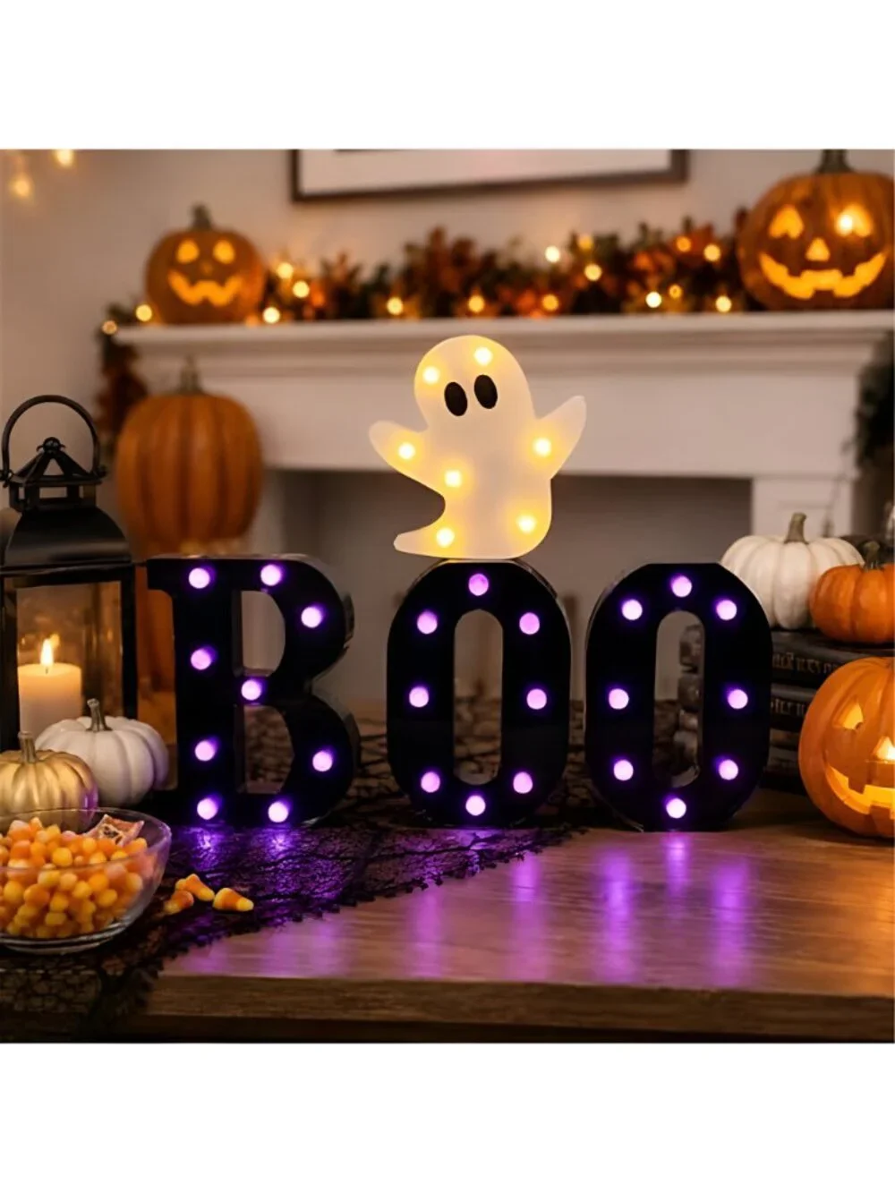 Autumn Halloween Decorations BOO Marquee Letters with Ghost Light Purple LED